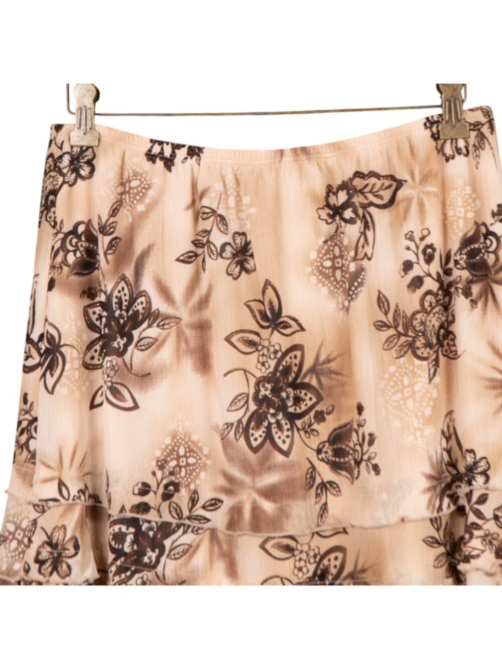 Floral Tiered Maxi Skirt 8 Womens Beige Brown Long Glitter Beaded Elastic Boho - Picture 2 of 6